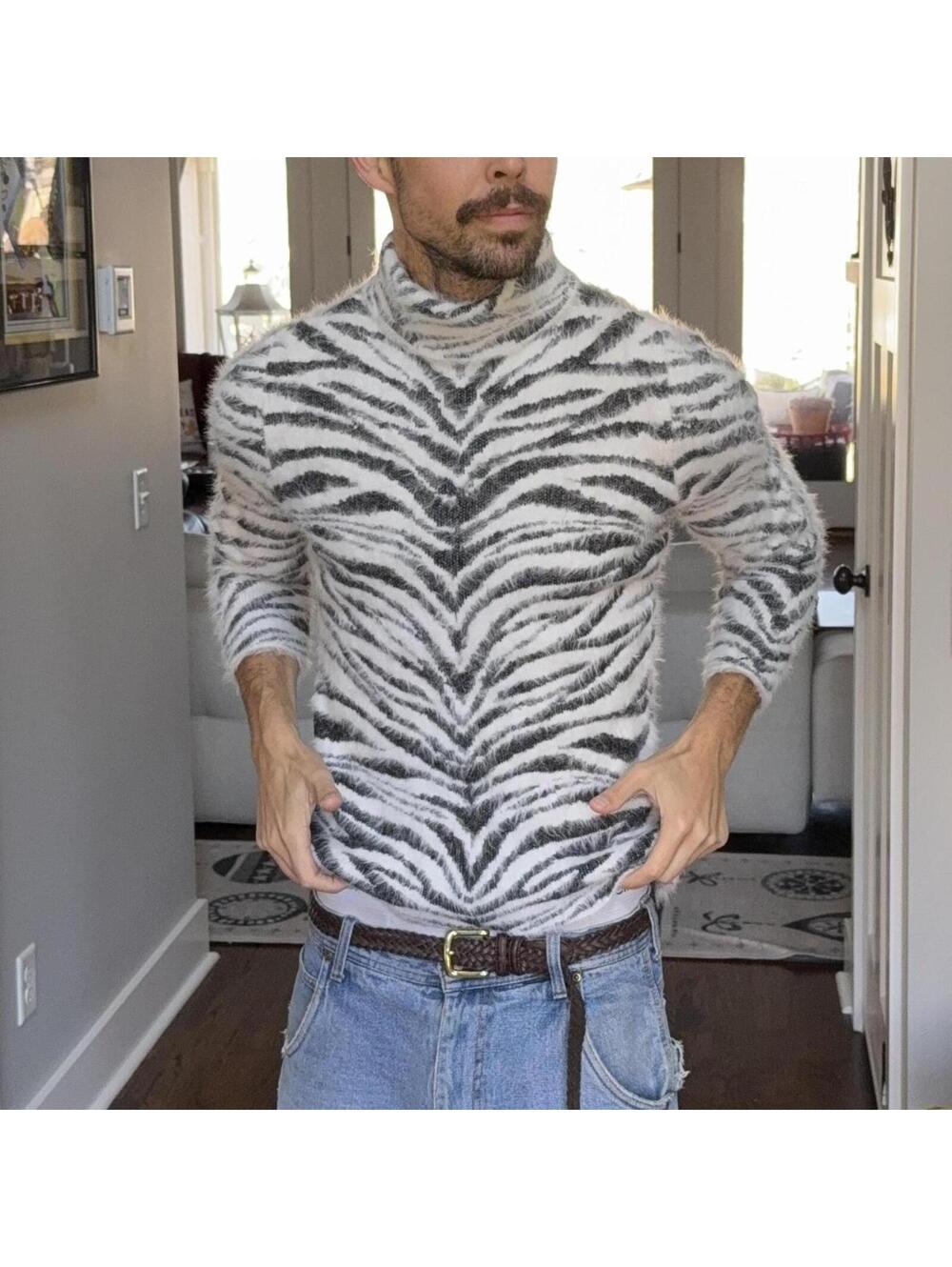 🖤 INC International Concepts Zebra Print Fuzzy Turtleneck Sweater